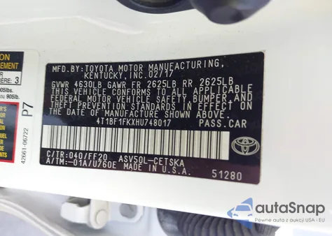 2017 Toyota Camry Se z USA, uszkodzony, nr VIN 4T1BF1FKXHU748017